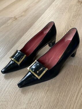 Sergio Rossi Black Leather Pumps Gold Buckle Square Toe Heels Classic Designer